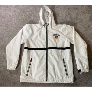 Jim Beam Branded White Hood Windbreaker Jacket Black Trim Zipper Pocket Medium